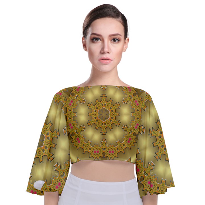 Pattern Background Gold Golden Tie Back Butterfly Sleeve Chiffon Top