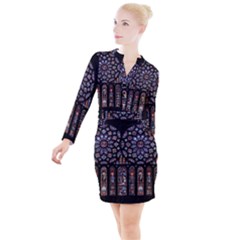 Rosette Cathedral Button Long Sleeve Dress