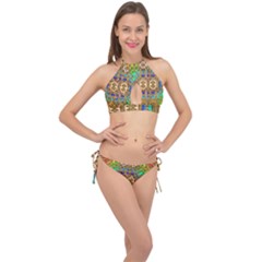 Background Image Tile Geometric Cross Front Halter Bikini Set