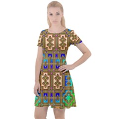 Background Image Tile Geometric Cap Sleeve Velour Dress 