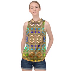 Background Image Tile Geometric High Neck Satin Top