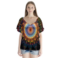 Colorful Prismatic Chromatic V-neck Flutter Sleeve Top by Pakrebo