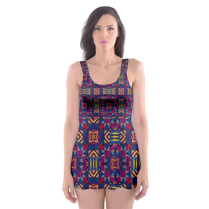 Tile Pattern Background Image Purple Skater Dress Swimsuit