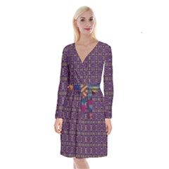 Tile Pattern Background Image Purple Long Sleeve Velvet Front Wrap Dress by Pakrebo