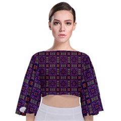 Tile Pattern Background Image Purple Tie Back Butterfly Sleeve Chiffon Top