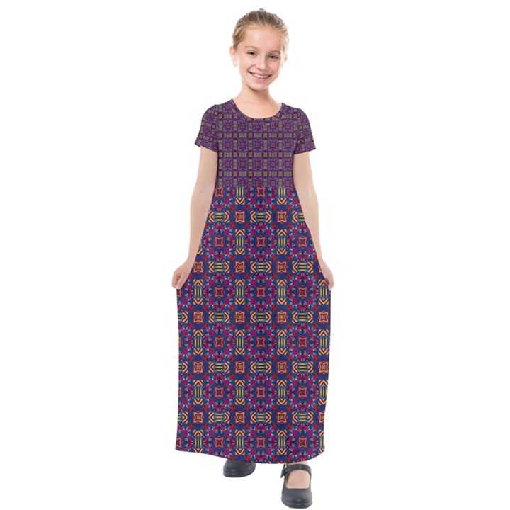 Tile Pattern Background Image Purple Kids  Short Sleeve Maxi Dress