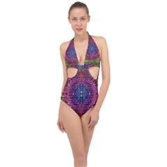 Background Image Decorative Halter Front Plunge Swimsuit