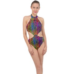 Background Image Ornament Halter Side Cut Swimsuit