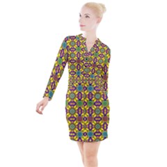 Background Image Geometric Button Long Sleeve Dress