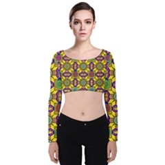 Background Image Geometric Velvet Long Sleeve Crop Top