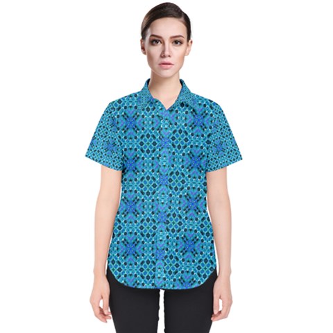 Background Image Tile Pattern Blue Women s Short Sleeve Shirt by Pakrebo