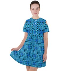 Background Image Tile Pattern Blue Short Sleeve Shoulder Cut Out Dress 