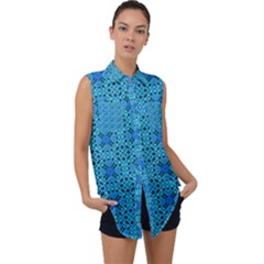 Background Image Tile Pattern Blue Sleeveless Chiffon Button Shirt