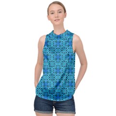 Background Image Tile Pattern Blue High Neck Satin Top