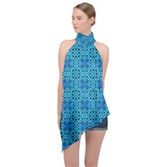 Background Image Tile Pattern Blue Halter Asymmetric Satin Top