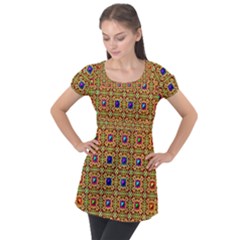 Background Image Tile Pattern Puff Sleeve Tunic Top