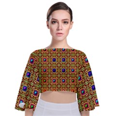 Background Image Tile Pattern Tie Back Butterfly Sleeve Chiffon Top