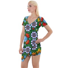 Mandala Background Colorful Pattern Short Sleeve Asymmetric Mini Dress