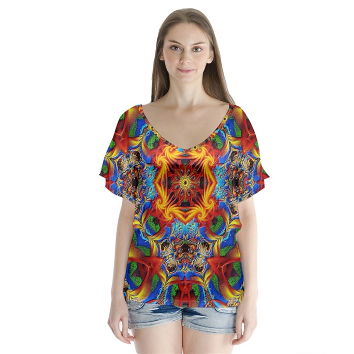 Farbenpracht Kaleidoscope V-Neck Flutter Sleeve Top