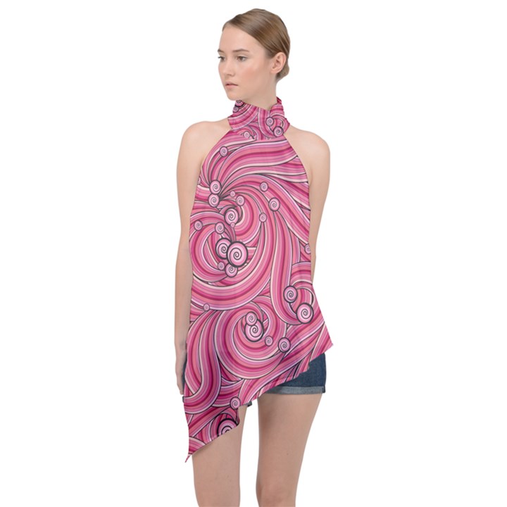 Pattern Doodle Design Drawing Halter Asymmetric Satin Top