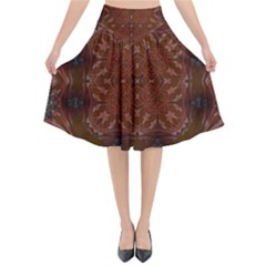 Background Image Structure Brown Black Flared Midi Skirt