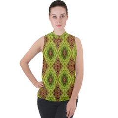 Tile Background Image Pattern Green Mock Neck Chiffon Sleeveless Top