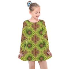 Tile Background Image Pattern Green Kids  Long Sleeve Dress by Pakrebo