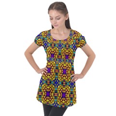 Tile Background Image Graphic Abstract Puff Sleeve Tunic Top