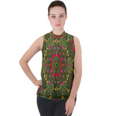 Background Image Pattern Mock Neck Chiffon Sleeveless Top