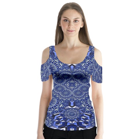 Farbenpracht Kaleidoscope Blue Butterfly Sleeve Cutout Tee  by Pakrebo