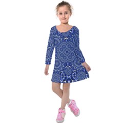 Farbenpracht Kaleidoscope Blue Kids  Long Sleeve Velvet Dress by Pakrebo