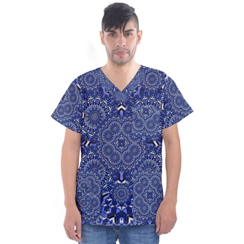 Farbenpracht Kaleidoscope Blue Men s V-neck Scrub Top by Pakrebo