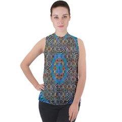 Tile Pattern Background Image Mock Neck Chiffon Sleeveless Top