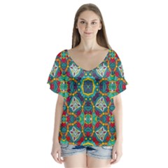 Farbenpracht Kaleidoscope Art V-neck Flutter Sleeve Top by Pakrebo