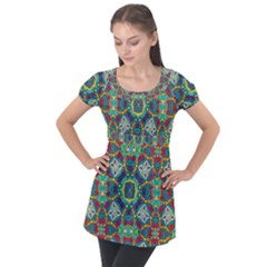 Farbenpracht Kaleidoscope Art Puff Sleeve Tunic Top