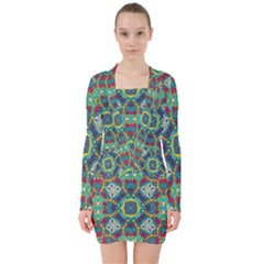 Farbenpracht Kaleidoscope Art V-neck Bodycon Long Sleeve Dress by Pakrebo