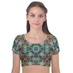 Farbenpracht Kaleidoscope Art Velvet Short Sleeve Crop Top  by Pakrebo