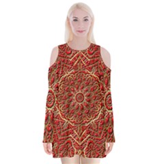 Tile Background Image Pattern 3d Red Velvet Long Sleeve Shoulder Cutout Dress by Pakrebo