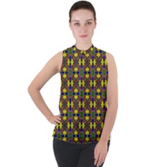 Background Image Ornament Mock Neck Chiffon Sleeveless Top