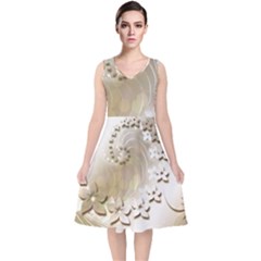 Flora Flowers Background Leaf V-neck Midi Sleeveless Dress 