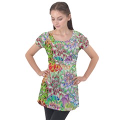 Dahlia Flower Colorful Art Collage Puff Sleeve Tunic Top