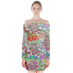 Dahlia Flower Colorful Art Collage Long Sleeve Off Shoulder Dress by Pakrebo