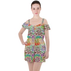 Dahlia Flower Colorful Art Collage Ruffle Cut Out Chiffon Playsuit by Pakrebo