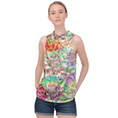 Dahlia Flower Colorful Art Collage High Neck Satin Top