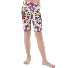 Tile Background Image Color Pattern Flowers Kids  Mid Length Swim Shorts by Pakrebo