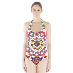 Tile Background Image Color Pattern Flowers Halter Swimsuit by Pakrebo