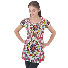 Tile Background Image Color Pattern Flowers Puff Sleeve Tunic Top