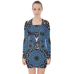 Fractal Tile Kaleidoscope Design V-neck Bodycon Long Sleeve Dress by Pakrebo