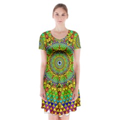 Tile Background Image Graphic Fractal Mandala Short Sleeve V-neck Flare Dress by Pakrebo