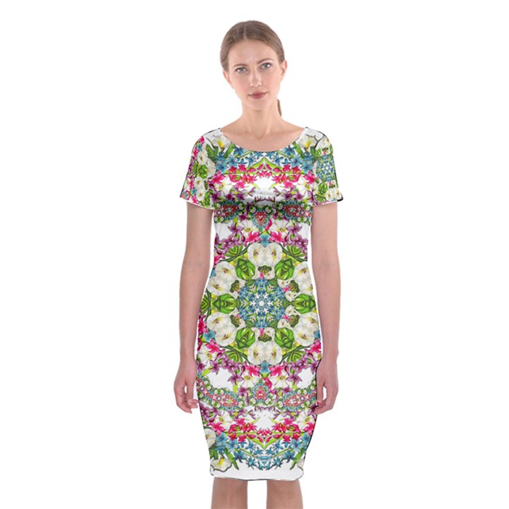 Floral Wreath Tile Background Image Classic Short Sleeve Midi Dress